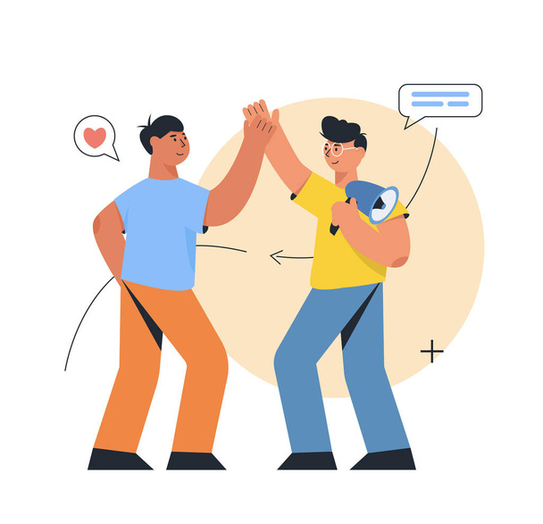 Refer a friend concept, a team work. Two man giving a high five. Referral marketing concept, promotion method for ui, web, mobile app, poster - Vector, Image