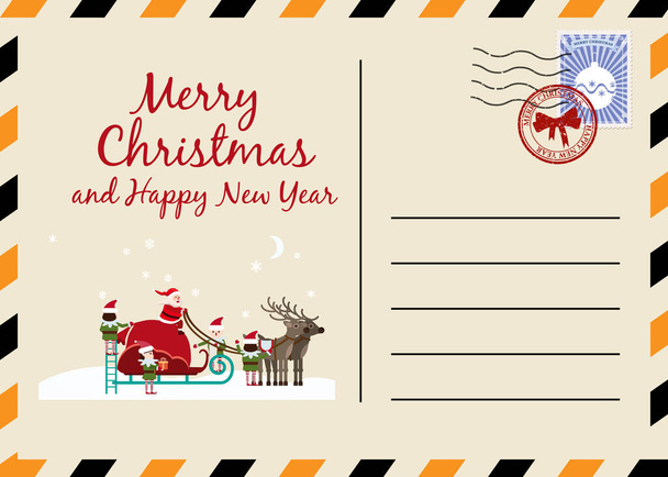 Χριστουγεννιάτικη και Πρωτοχρονιάτικη Κάρτα με γραμματόσημα και σήμα. Σάντα έλκηθρο με δώρα ξωτικά βοηθοί συλλέγουν δώρα. Επίπεδη εικονογράφηση διάνυσμα στυλ κινουμένων σχεδίων αφίσα - Διάνυσμα, εικόνα