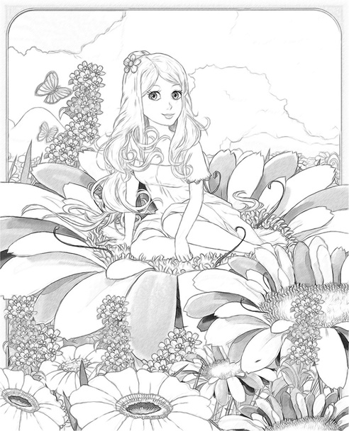 The sketch coloring page with preview "Thumbelina". - Fotografie, Obrázek
