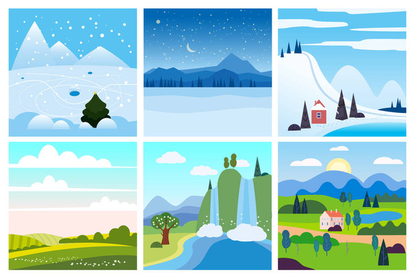 Calendario conjunto paisaje invierno, verano en un estilo simple mínimo plano - plantilla de cubierta de pancartas de temporada. Vector aislado
 - Vector, imagen