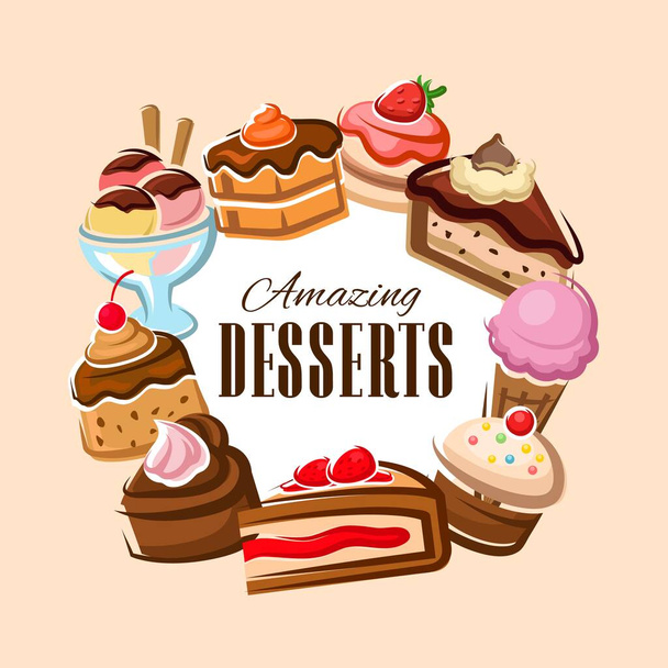 ケーキ、カップケーキ、マフィン、アイスクリーム。デザートフード - ベクター画像