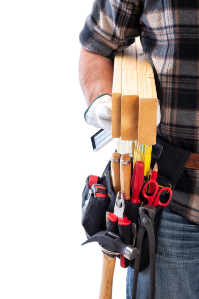 Carpenter with work tools on a white background. Carpentry. - Photo, Image