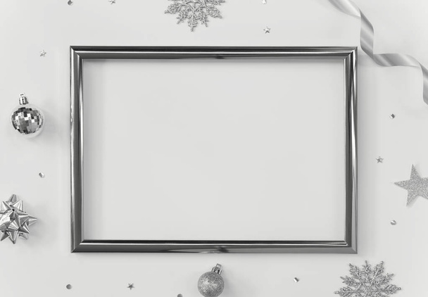 Mock up begroeting frame op witte achtergrond met kerstversiering en confetti. Uitnodigingskaart ontwerp voor tekst. - Foto, afbeelding