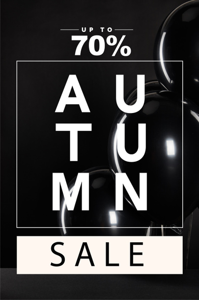 bunch of black balloons with autumn sale, up to 70 percent illustration isolated on black, black Friday concept - Foto, Imagem