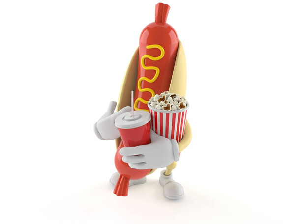 Hotdog-Charakter mit Popcorn und Limo - Foto, Bild