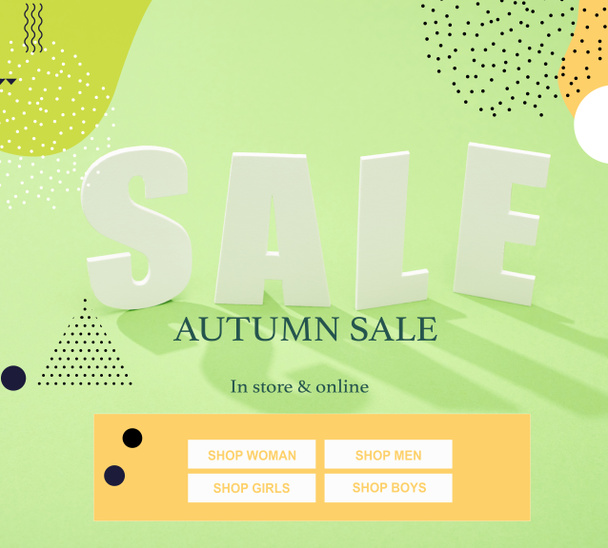 white sale lettering with shadow on green background with autumn sale illustration  - Φωτογραφία, εικόνα