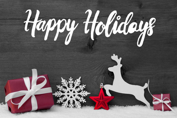 Gift, Deer, Snow, Ball, Happy Holidays, Gray Background - Fotoğraf, Görsel