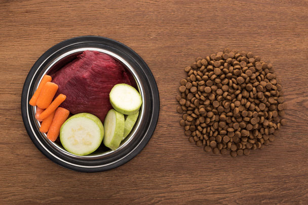 vista superior de alimentos secos para mascotas cerca de verduras crudas y carne en un tazón sobre una mesa de madera
 - Foto, imagen
