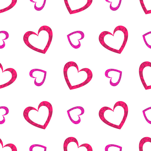 Cute seamless pattern with pink polygonal hearts on the white background. Vector lovely ornament for cards, invitations, scrapbook, wrapping paper, packets - Vektor, obrázek