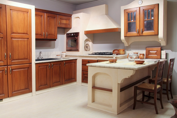Full view of a classic wooden kitchen - Zdjęcie, obraz