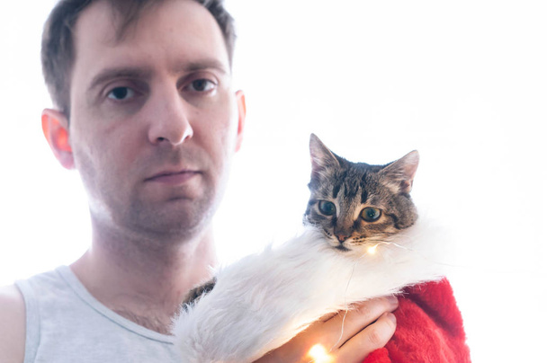 handsome man with dark hair holding cute brown tabby cat in red santa fur hat and looking at camera at home  - Foto, Bild