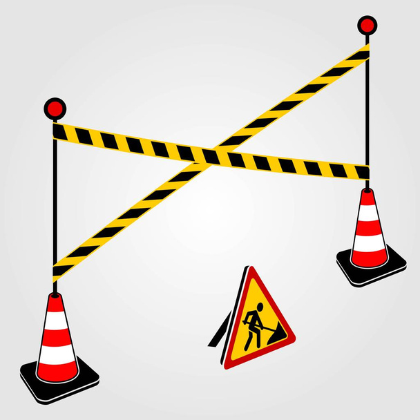 Under construction design concept with traffic cones and yellow ribbons. - Vector, Image