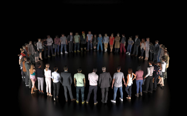 Um grupo de pessoas diferentes está em um círculo isolado em um fundo preto. Um evento social ou reunião pública com um palco vazio para uma performance. Renderização 3D
 - Foto, Imagem