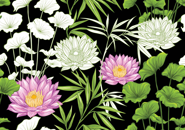 Tropical plants and flowers. Seamless pattern - Вектор, зображення