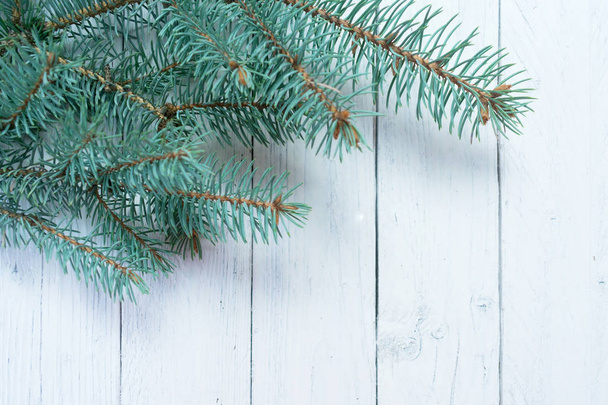 Weihnachtsbaumzweig auf weißem Holzgrund. Kopierraum. - Foto, Bild