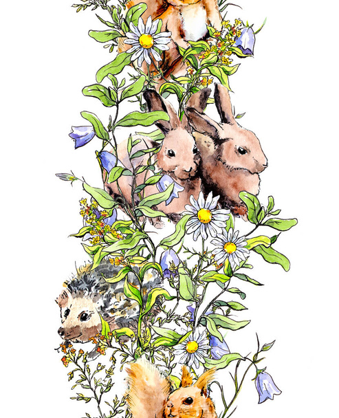Animals - rabbits, squirrel, hedgehog in grass, blossom flowers. Seamless border banner. Watercolor in sketch style - Foto, Bild