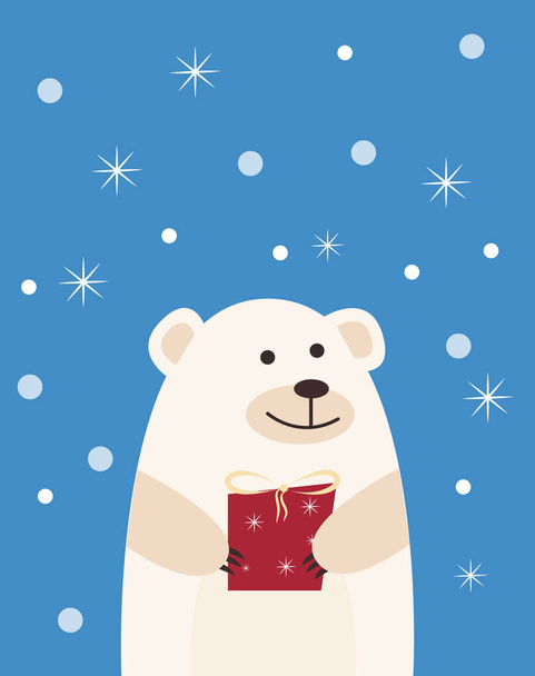Christmas Illustration, postcard with a picture of a polar bear holding a gift. Blue background with snowflakes. Stock vector graphics. - Vetor, Imagem