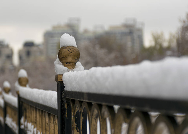 İlk kar şehirdeki nehrin kenarındaki demir korkulukta yatıyor. Donmuş parmaklıklar. Soğuk kış. - Fotoğraf, Görsel