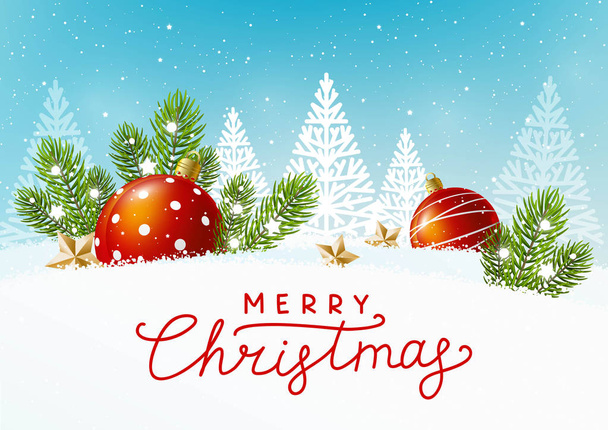 Tarjeta de felicitación con adornos navideños: bolas, estrellas doradas y ramas de pino
 - Vector, Imagen