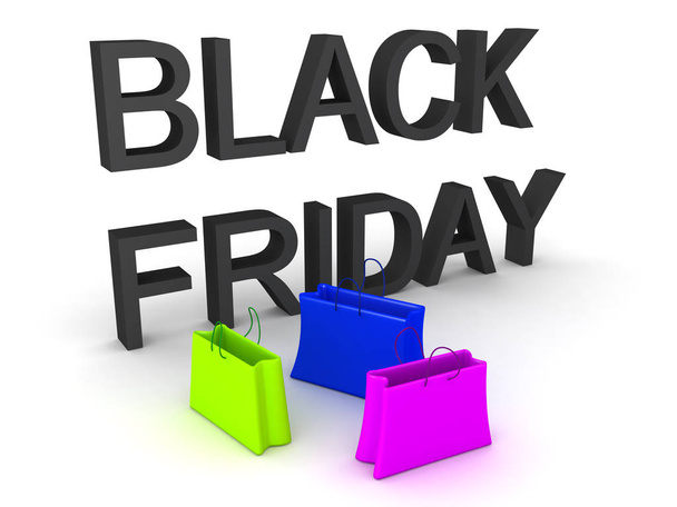 3D Rendering of Black Friday text and shopping bags - Foto, immagini