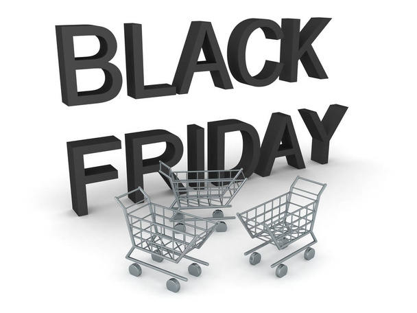 3D Rendering of Black Friday text and shopping carts - Foto, imagen