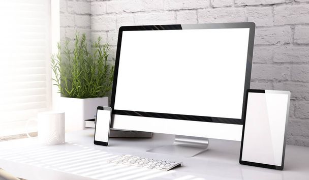three mockup devices on a desktop - Foto, Imagem