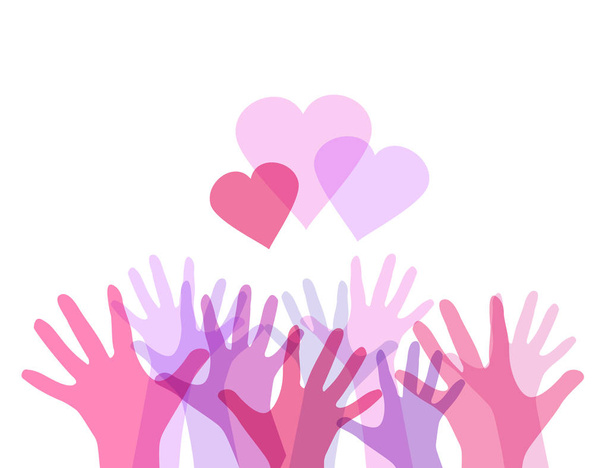Gentle illustration of color transparent human hands with hearts. International day of friendship and kindness. The unity of people. Vector element - ベクター画像