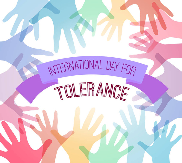 Międzynarodowy Dzień Tolerancji. Tęczowe ręce do góry z wstążką powitalną. Wspólnota i jedność. Dzieciństwo i radość. - Wektor, obraz