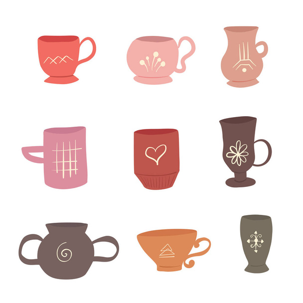 Set of flat cartoon cups and mugs with mystical patterns. The object is separate from the background. Vector element - Wektor, obraz