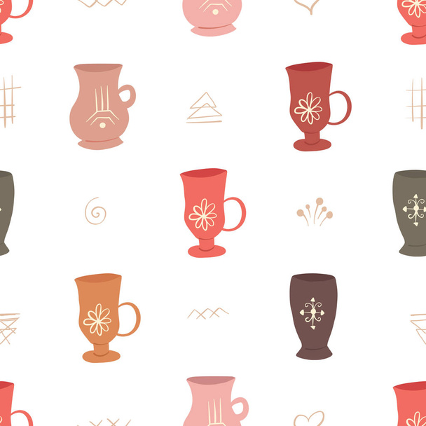 Seamless flat texture with cups, mugs and mystical drawing. Vector doodle pattern - Vecteur, image