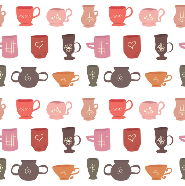Seamless flat texture with cups, mugs and mystical drawing. Vector doodle pattern - Вектор,изображение