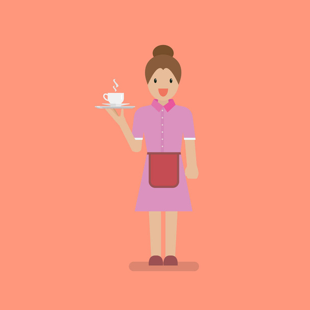 Персонаж официантки подает чашку кофе
 - Вектор,изображение