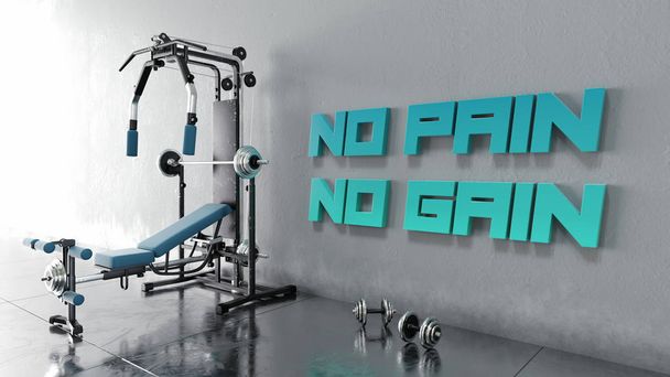 Fitness-Studio-Illustration, kein Schmerz kein Gain-Zeichen an der Wand, 3D-Rendering - Foto, Bild