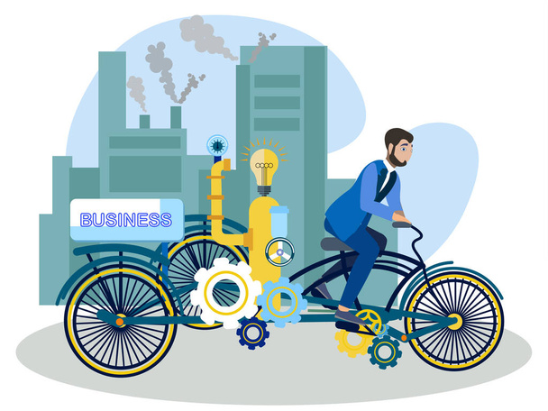 El hombre de negocios conduce un coche de negocios, bicicleta. En estilo minimalista Dibujos animados raster plano
 - Foto, Imagen
