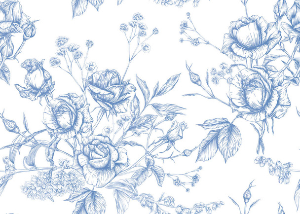  roses and spring flowers. Graphic drawing,  - Vektori, kuva