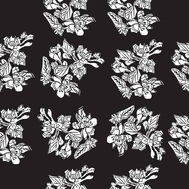 Seamless pattern of  white  blossoming branch of apple tree flowers on black background. Hand made linocut. - Vektori, kuva