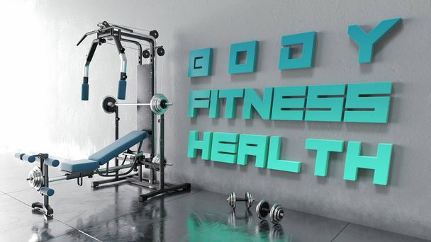 Gym met Body Fitness Gezondheidsteken aan de muur, 3D-illustratie, 3D-weergave - Foto, afbeelding