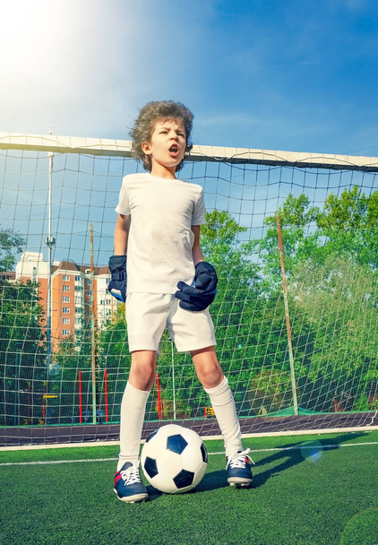 Summer soccer tournament for young kids. football club. emotions and joy of the game. Young goalie. Kids - soccer champion. Boy goalkeeper in football sportswear on stadium with ball. Sport concept. - Φωτογραφία, εικόνα