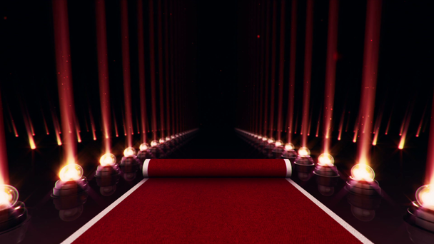 Abstrakcyjna animacja powolnego poruszania się po czerwonym dywanie z żarówkami dla projektorów na błyszczącej podłodze i spadających cząstek migoczących na tle. Animacja pętli płynnej  - Materiał filmowy, wideo
