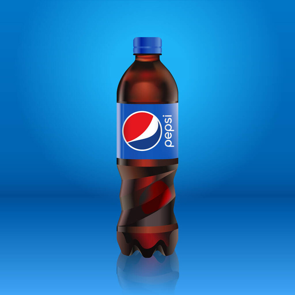 Реалистичная бутылка пепси кола макет с синей этикеткой с логотипом изолированы на синем фоне отражается от пола, векторная иллюстрация. Подходит для рекламы большого формата, рекламных щитов и плакатов
 - Вектор,изображение