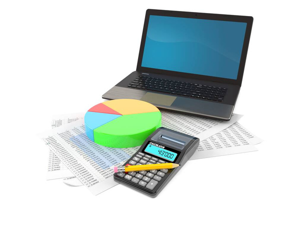 Laptop with report and pie chart - Photo, Image