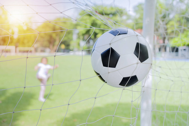 Children who kick the ball into the goal until the net. - Zdjęcie, obraz