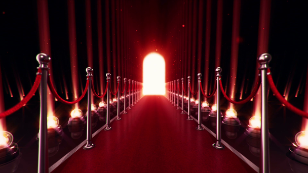 abstrakte Animation der langsamen Bewegung auf dem roten Teppich mit Glühbirnen für Projektoren auf glänzendem Boden und fallenden Partikeln, die auf dem Hintergrund flackern. Animation einer nahtlosen Schleife  - Filmmaterial, Video