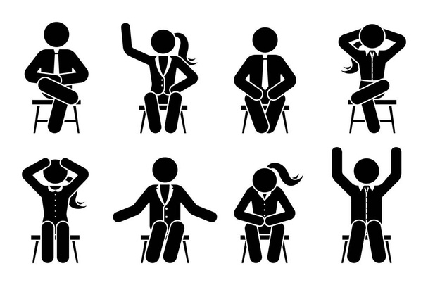 sitzend auf Stuhl Strichmännchen Geschäftsmann und Frau verschiedene Posen Piktogramm Vektor Icon Set. männliche und weibliche Silhouette sitzt glücklich, bequem, traurig, müde, deprimiert Zeichen auf weißem Hintergrund - Vektor, Bild