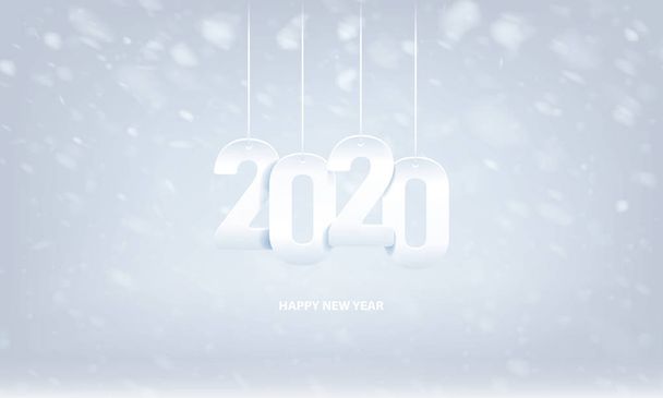 White numbers of the 2020 year on snowy background. Snow falling. Happy new year 2020. - Vector, Image