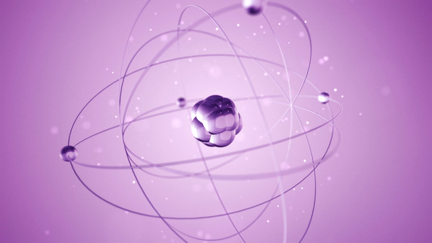 fialová animace pomalého otáčení atomu ze skla, Animace bezešvé smyčky  - Záběry, video