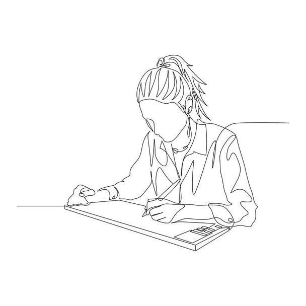 Eine Frau zeichnet kontinuierlich eine Linie auf einem Grafiktablett. Digitalkünstler. Vektor - Vektor, Bild