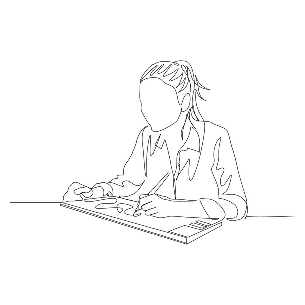 Devamlı bir çizgi çizen kadın grafik tabletle çiziyor. Dijital sanatçı. Vektör - Vektör, Görsel