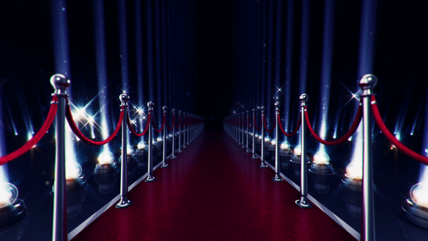 Abstraktní animace pomalého pohybu na červeném koberci s žárovkami pro projektory na lesklé podlaze a padajícími částicemi blikajícími na pozadí. Animace bezešvé smyčky  - Záběry, video