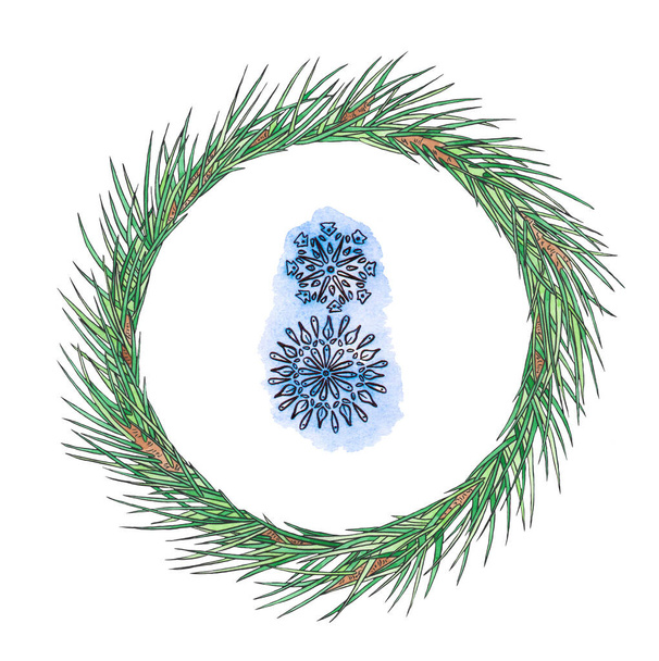 Grinalda de Natal aquarela com um floco de neve azul. Ilustração do cartão de Ano Novo. Design de férias
. - Foto, Imagem